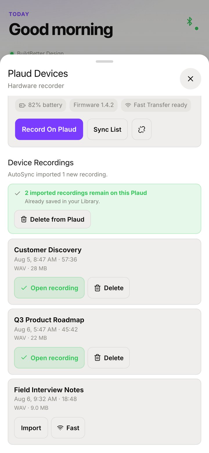 BB Recorder on iPhone syncing new recordings from a Plaud recorder